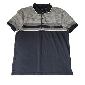 Hugo Boss Polo Shirt Men M Slim Fit Gray Navy Luxury Cotton Short Sleeve Logo